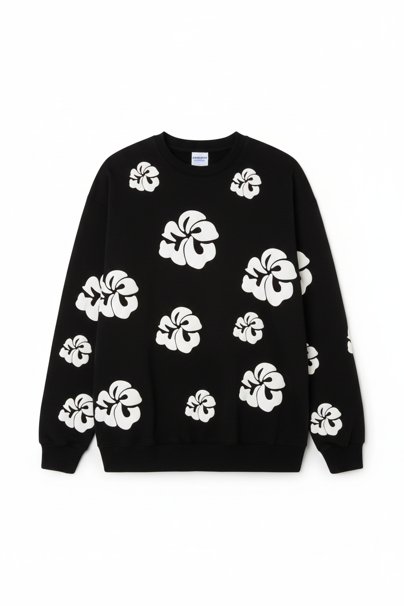 Sweat Noir Fleurs Blanches